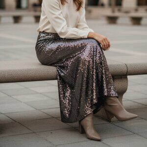 Silver Sequin Venus Maxi Skirt (Size 8)
